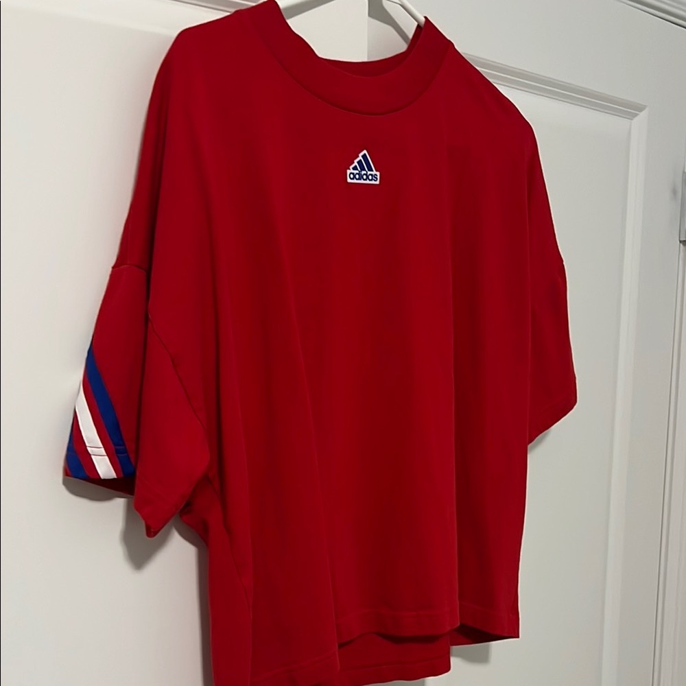 Adidas women’s Red Crop Top with Blue Stripes